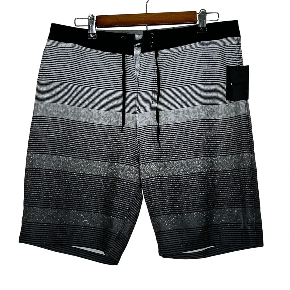 Hurley‎ Mens Short 32 Board Shorts Zion 2.0 Black Gray Stripe Swimsuit NWT